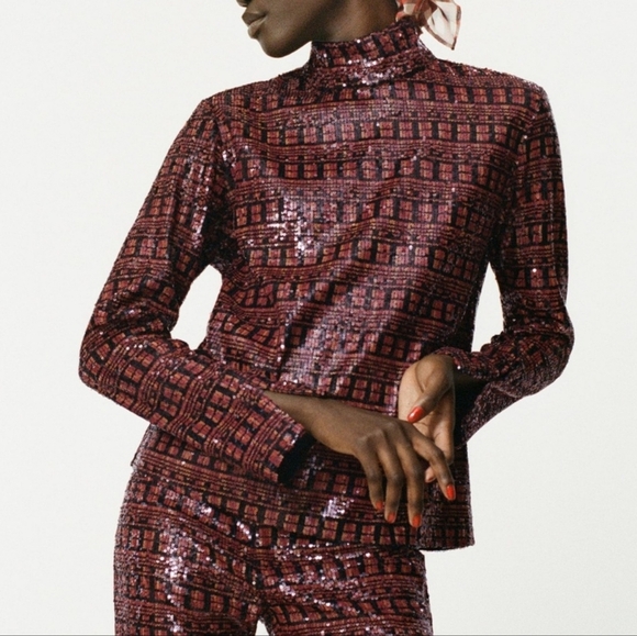 ZARA, New, Red Black Gold Sequin Mock Neck Slit Sleeve Shirt Top, Size Large - Picture 1 of 14